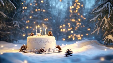 A cozy winter-themed birthday scene with snow-covered trees, twinkling lights, and a festive cake decorated with pinecones and seasonal accents.