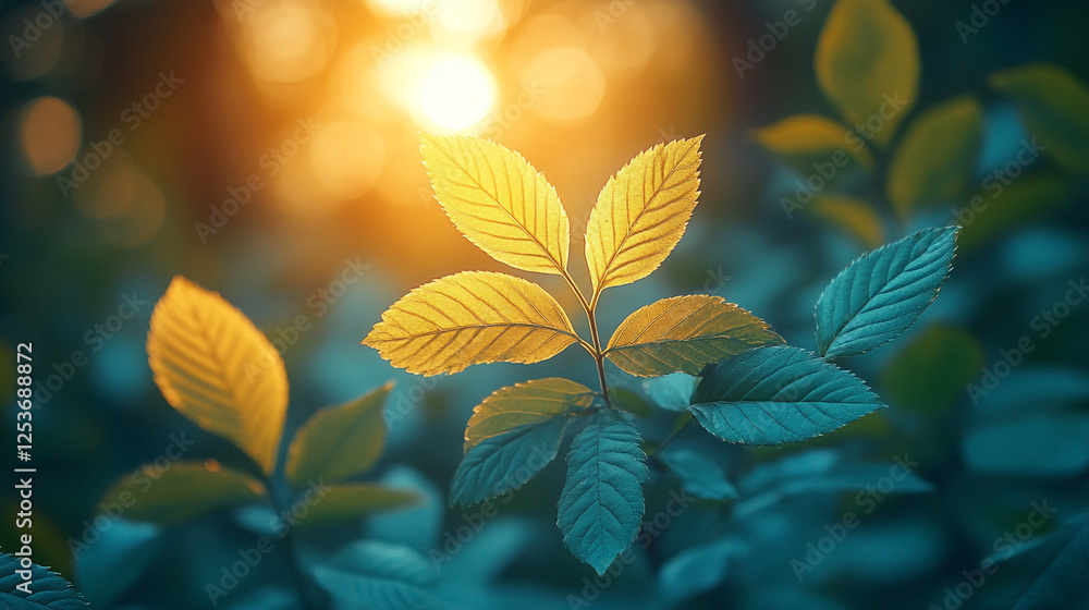 Aufkleber sunlight filters through green leaves creating a warm natural glow in a forest setting