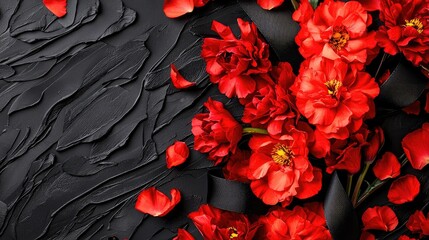 Elegant Funeral Banner with Red Flowers on Black Textured Background