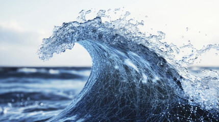 dynamic wave made of blue digital connections rises powerfully against serene ocean backdrop, symbolizing fusion of nature and technology