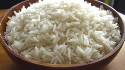 Closeup Cooked White Rice in Wooden Bowl Food Photography