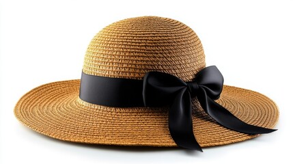 Elegant straw hat with black ribbon bow on white background