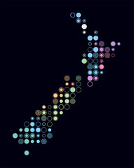 New Zealand, shape of the country built of colored cells. Digital style map of New Zealand on a dark background. Large size circle blocks. Beautiful vector illustration.