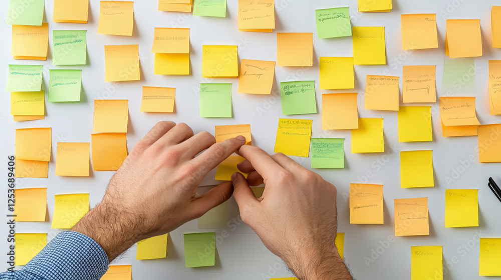 Poster hands arranging colorful sticky notes on white surface, showcasing collaborative brainstorming sessi