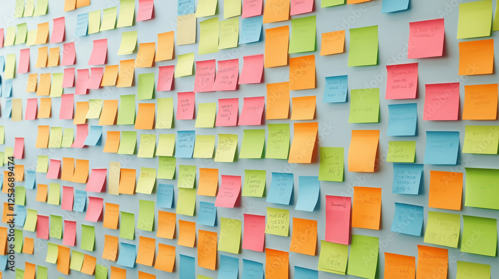 Poster colorful sticky notes arranged on wall, showcasing ideas and tasks in collaborative workspace. vibra