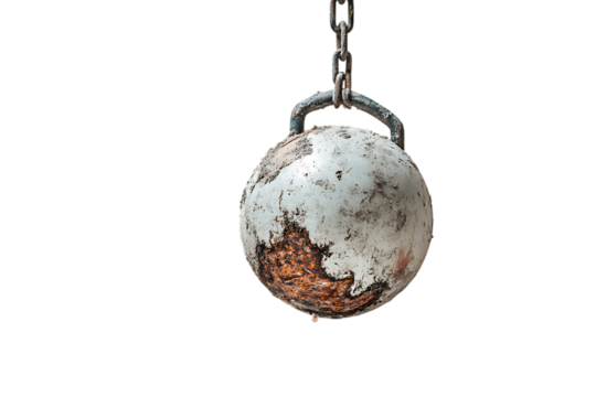 Weathered Metal Sphere Hanging from Chain on Black Background