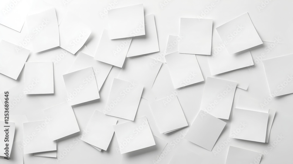 Poster scattered layout of blank sticky notes on white surface, creating clean and minimalistic aesthetic. 