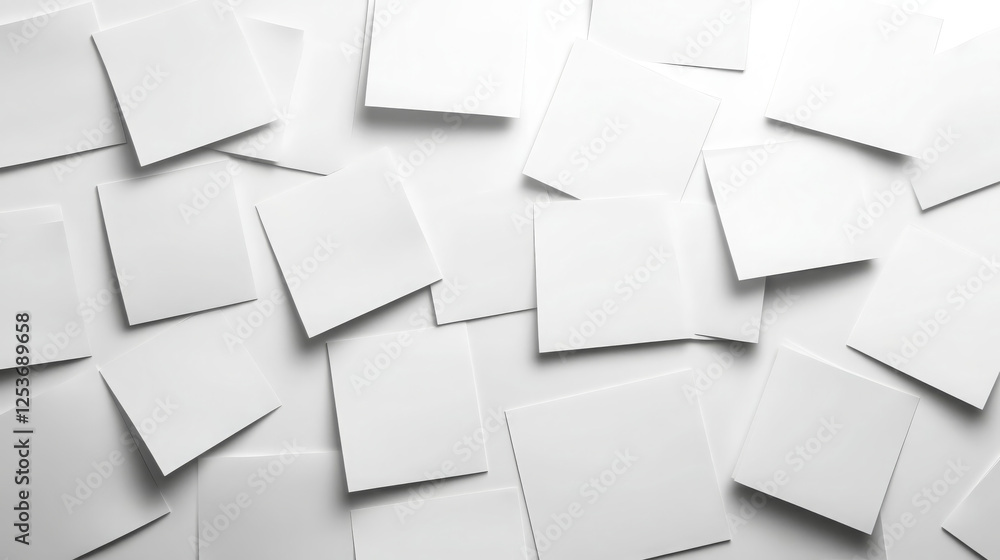 Poster scattered layout of blank white sticky notes on light background, creating clean and minimalistic ae