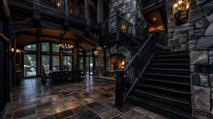 Fototapeta premium Luxurious mountain home interior, grand staircase, stone fireplace, dining area