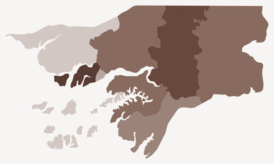 Obraz premium Map of Guinea-Bissau with regions. Just a simple country border map with region division. Brown color palette. Plain Guinea-Bissau shape with administrative division. Vector illustration.