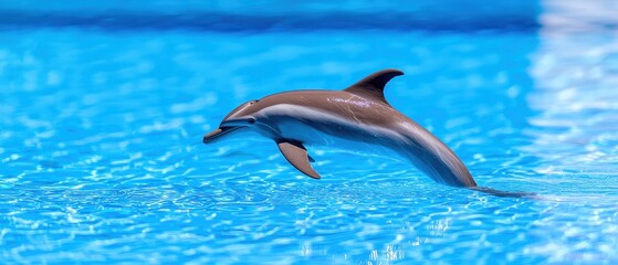 Fototapeta premium A dolphin leaps gracefully above the crystal-clear water, showcasing its agility and playful nature.