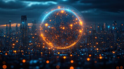 Futuristic Cityscape: A Digital Sphere Over a Glowing Metropolis