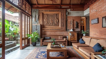 Fototapeta premium Serene Balinese Living Room: Traditional Wooden Architecture and Interior Design