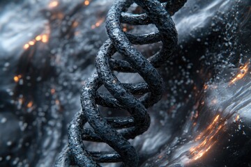 Dark, metallic DNA helix structure against a fiery, abstract background.