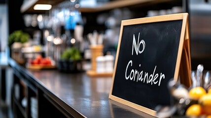 Chalkboard sign with "No Coriander" in busy kitchen