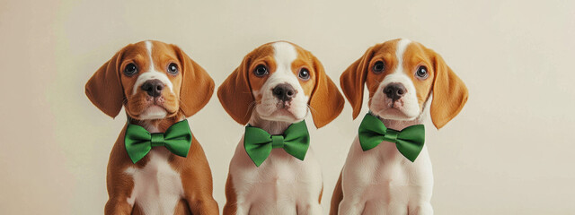 Three adorable Beagle puppies wearing green bow ties sit neatly in a row, showcasing a charming and playful pose against a neutral background.