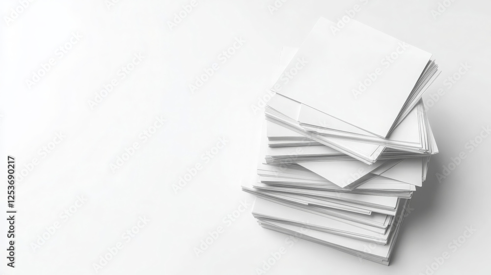 Poster stack of blank paper sheets arranged neatly on light background, creating minimalist and clean aesth