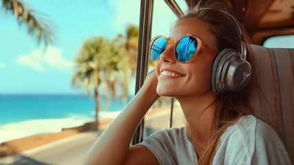 Music lover wearing headphones and sunglasses enjoys a scenic road trip along a beautiful tropical coastline, taking in the breathtaking ocean views from a vintage vehicle.