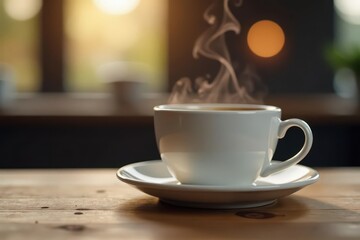 Steaming cup of coffee on wooden table surface, steamer, inviting, brewing