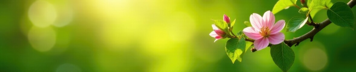 Obraz premium Green leafy branches with delicate pink flowers unfolding in the morning light, leaves, branch, nature