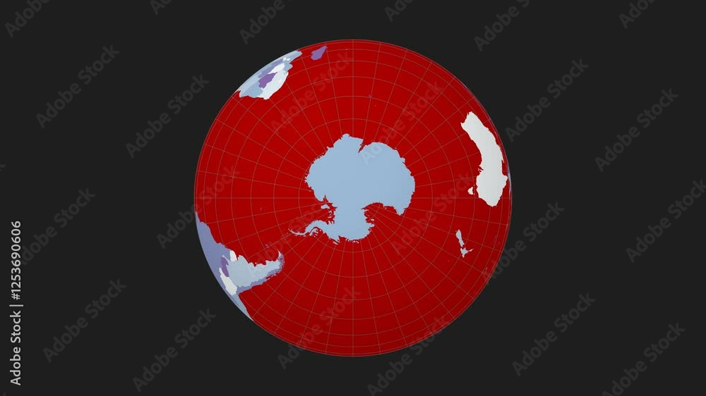Poster spinning earth. south pole sphere view. moderate speed planet rotation. colored countries style. wor