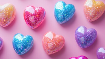 Obraz premium Vibrant heart-shaped sparkling ornaments creative studio digital art cheerful aesthetic top-down view playful design inspiration