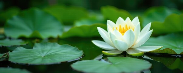 Green leaves and white lotus on still pond water, , lotus