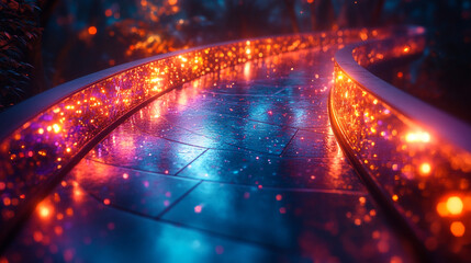 Magical illuminated pathway surrounded by colorful foliage at dusk