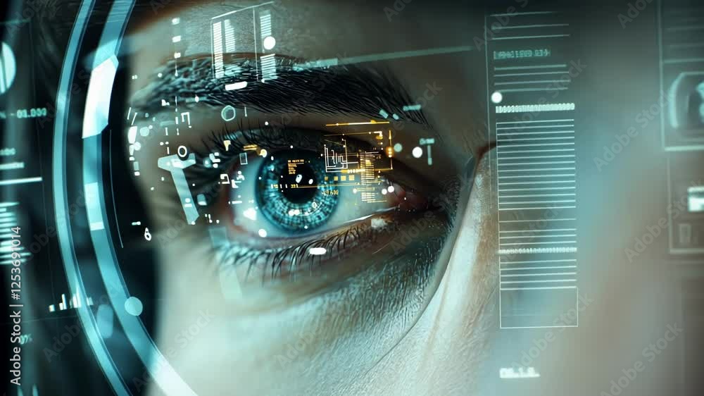 Poster close up of a human eye showcasing a futuristic digital interface, reflecting intricate data analysi