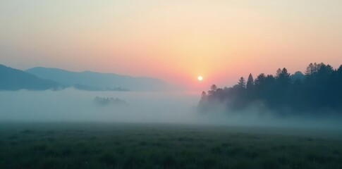 Misty fog envelops a serene landscape at dawn, gray gradient, sunrise, subtle atmosphere