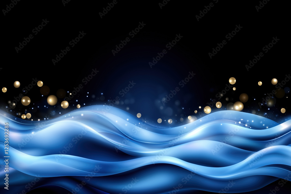 Poster dynamic blue waves with glowing particles create a mesmerizing backdrop at night