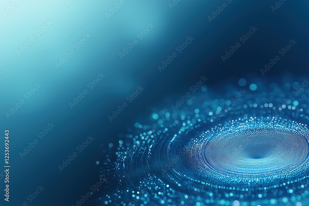 Poster swirling blue particles create an abstract design in a serene digital environment