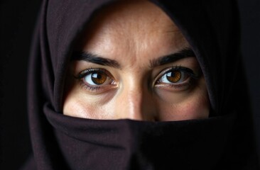 Naklejka premium Close-up. The piercing gaze of the brown eyes of a woman in a black hijab.