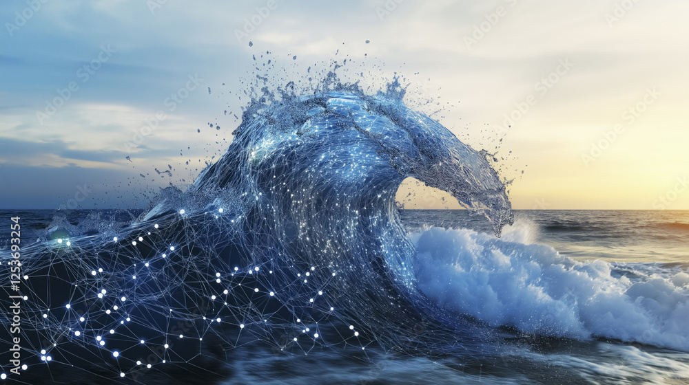 Poster digital wave made of interconnected data points rises against serene ocean backdrop, symbolizing fus
