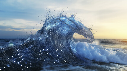 digital wave made of interconnected data points rises against serene ocean backdrop, symbolizing fusion of technology and nature