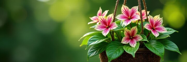 Obraz premium Variegated Syngonium Podophyllum in a hanging basket with flowers, leafy greens, foliage