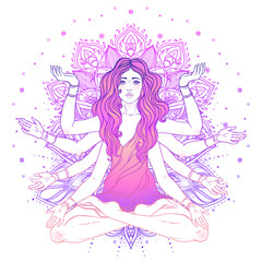 Beautiful woman with long hair and multiple hands sitting in lotus yoga position. Multi-armed goddess is Goddess Lakshmi, the Hindu goddess of wealth, fortune, and prosperity. Vector detailed isolated