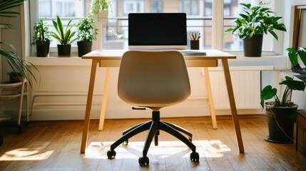 Modern workspace by window, plants, computer