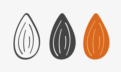 Set of almond nuts. Sketch, black silhouetet and flat icon almond