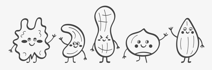 Sketch of cartoon smiling nuts. Funny characters. Organic healthy products for snack © Tatiana
