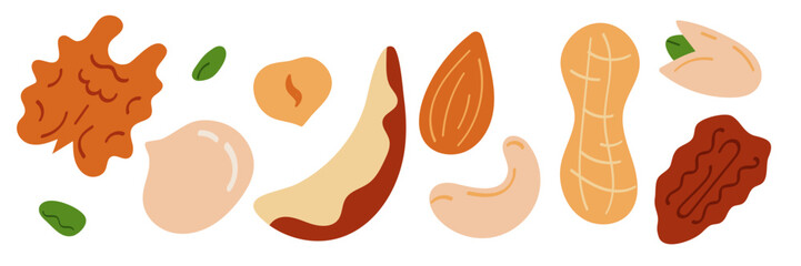 Set of cartoon nuts. Organic healthy products for snack