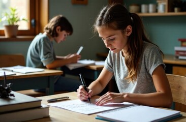 Obraz premium Medium shot. Student writing on paper at the table in the library. Education concept.