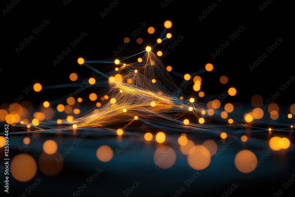 Poster illuminated abstract network with glowing dots and flowing lines in dark space