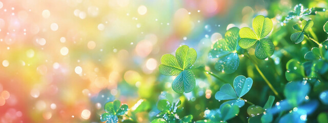 Vibrant scene of sunlit clover leaves with dewdrops, set against a multicolored bokeh background, conveying a sense of freshness and tranquility.