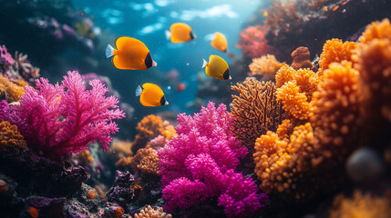 Obraz premium Vibrant underwater coral reef teeming with colorful fish in sunlit ocean depths