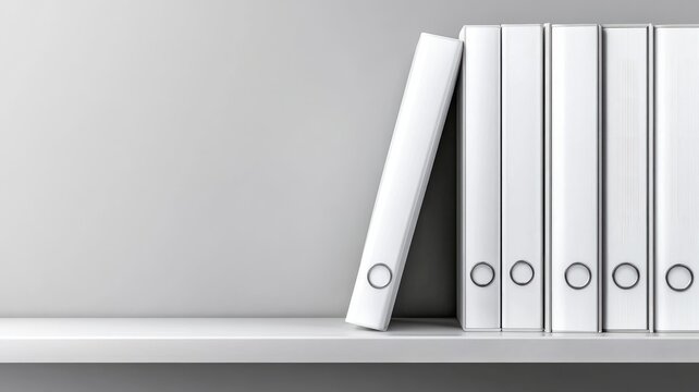 White office binders on shelf, aligned neatly, minimalistic look