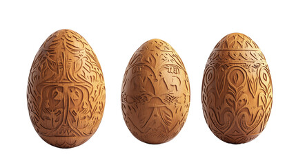 wooden Easter egg with intricate hand-carved patterns and natural grain texture