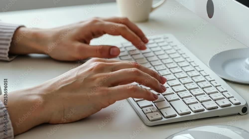 Poster typing at a computer: hands on keyboard