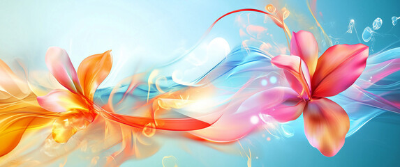 Colorful Abstract Floral Waves With Vibrant Pink And Orange Petals Against Blue Backdrop