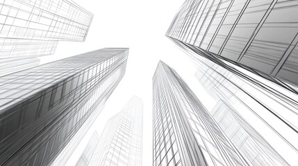 Fototapeta premium Architectural sketch of skyscrapers, upward view, urban design, possible use for architecture, engineering, or design presentations